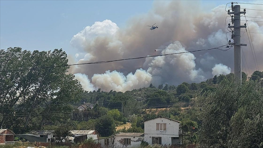 ÇANAKKALE'DE TARIM ARAZİSİNDE BAŞLAYIP ORMANA SIÇRAYAN YANGINA MÜDAHALE EDİLİYOR;
