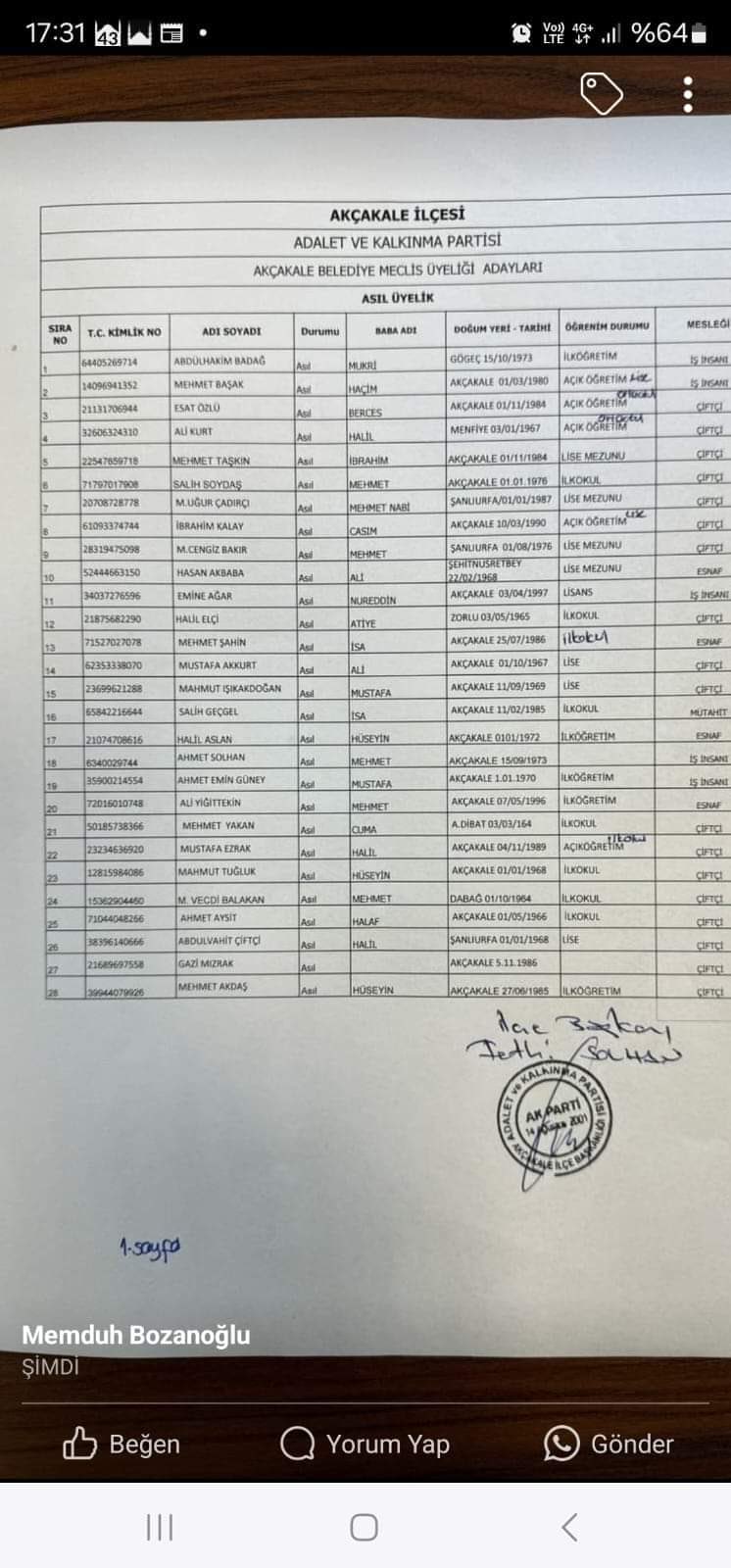 Akçakale meclis üyesi aday listesi belli oldu!;