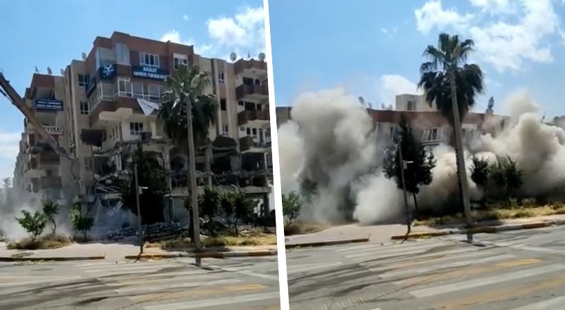 Haliliye’de ağır hasarlı bina kontrollü şekilde yıkıldı;