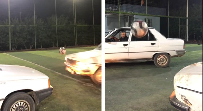 Urfa’da halı sahada arabalarla futbol oynadılar;